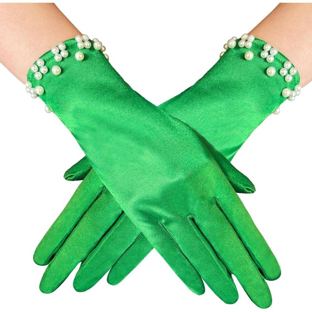 Women's Elegant Green Floral Short Lace Wrist Gloves Bridal Dinner Party Prom